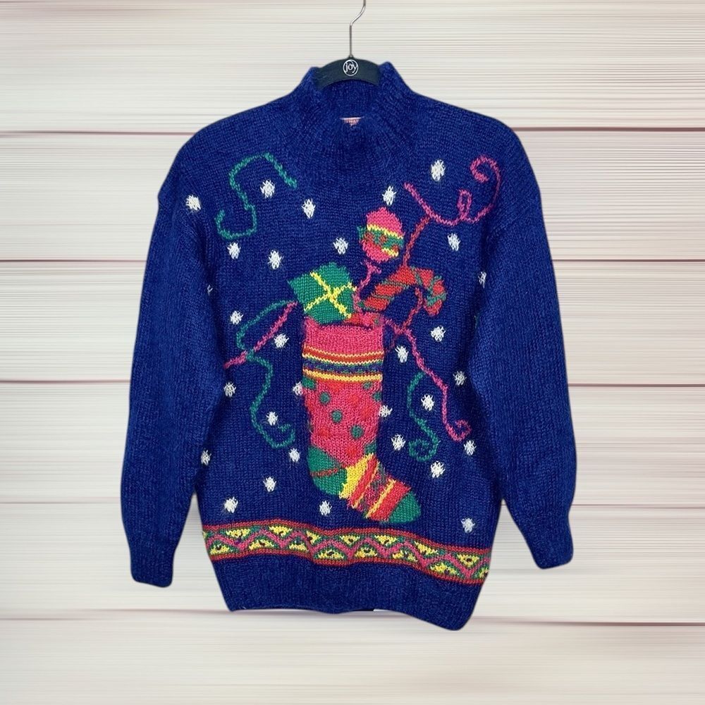 Vintage Christmas Stocking Sweater Blue Mohair Mock Neck by Casual Corner S